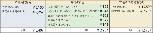 ご契約時：5,250円、毎月2,782円、特定処理オプション（翌期更新）：10,500円